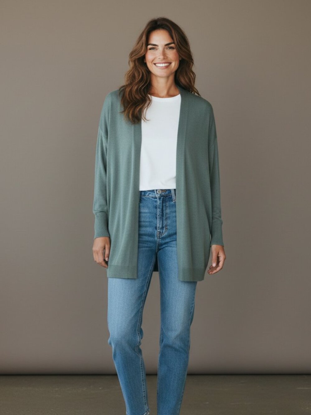 Reitmans Open-Front Cardigan in Dusty Teal